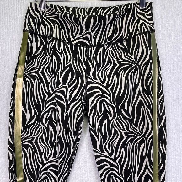 Fierce + Regal Black White Zebra Print Gold Stripe Workout Leggings Size Large - Picture 2 of 9